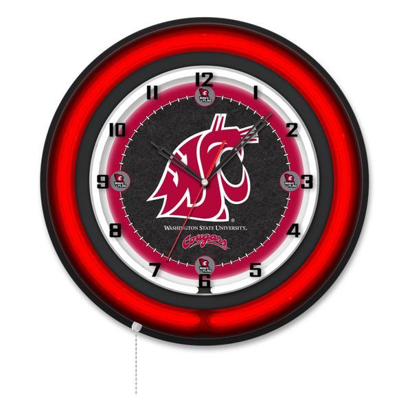 Washington State University 19" Neon Logo Wall Clock - Black Casing - Team Color Specific Neon Outer Ring 