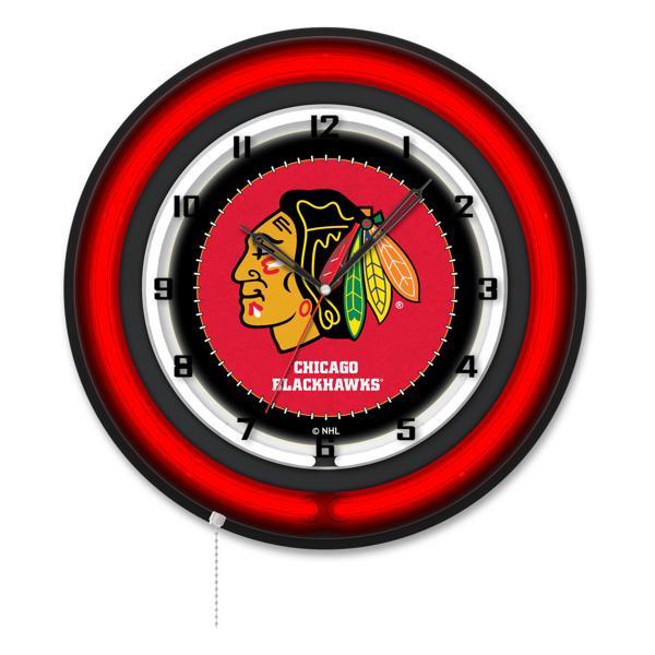 Chicago Blackhawks 19" Neon Logo 2 Wall Clock - Black Casing - Team Color Specific Neon Outer Ring 