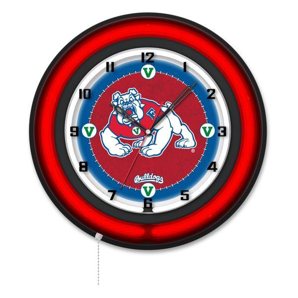 Fresno State University 19" Neon Logo Wall Clock - Black Casing - Team Color Specific Neon Outer Ring 