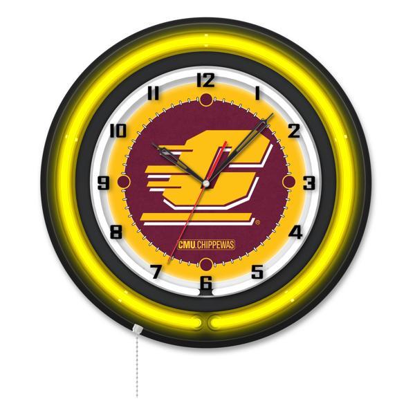 Central Michigan University 19" Neon Logo Wall Clock - Black Casing - Team Color Specific Neon Outer Ring 
