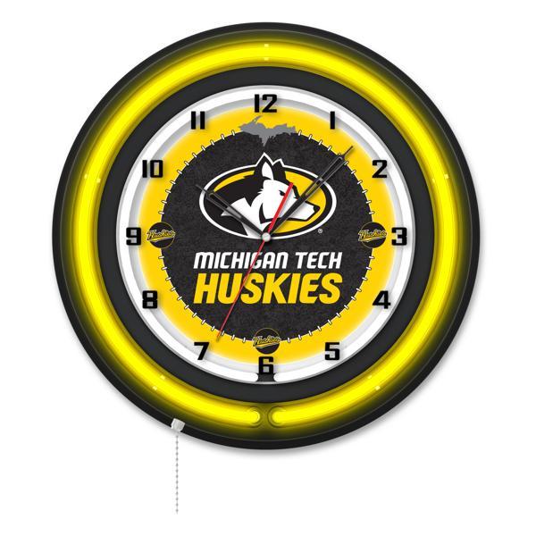 Michigan Tech University 19" Neon Logo Wall Clock - Black Casing - Team Color Specific Neon Outer Ring 