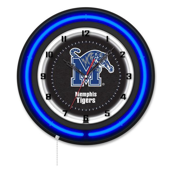 University of Memphis 19" Neon Logo Wall Clock - Black Casing - Team Color Specific Neon Outer Ring 