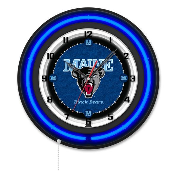 University of Maine 19" Neon Logo Wall Clock - Black Casing - Team Color Specific Neon Outer Ring 