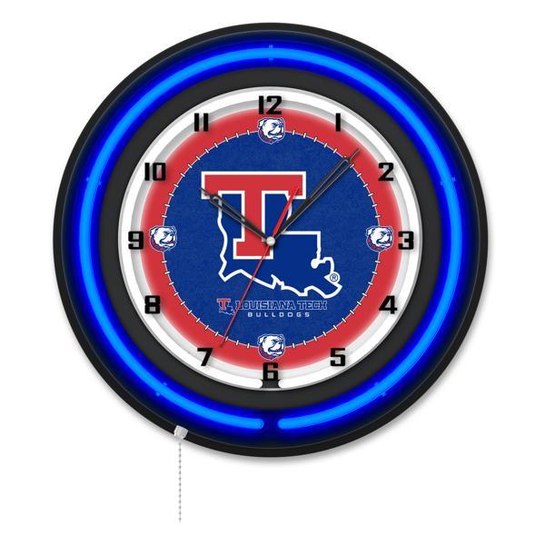 Louisiana Tech University 19" Neon Logo Wall Clock - Black Casing - Team Color Specific Neon Outer Ring 