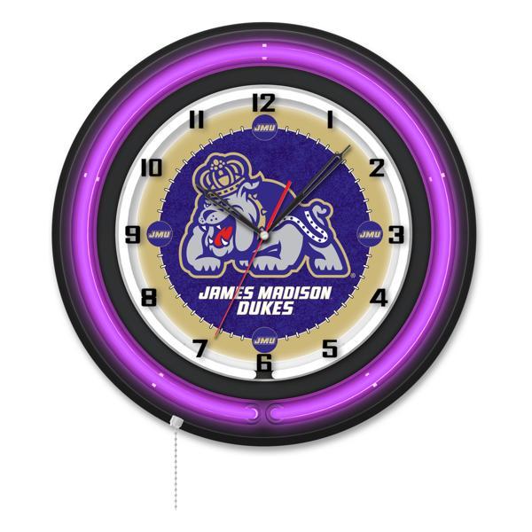 James Madison University 19" Neon Logo Wall Clock - Black Casing - Team Color Specific Neon Outer Ring 