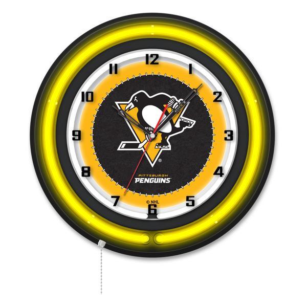 Pittsburgh Penguins 19" Neon Logo Wall Clock - Black Casing - Team Color Specific Neon Outer Ring 