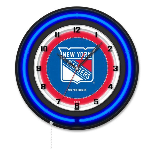 New York Rangers 19" Neon Logo Wall Clock - Black Casing - Team Color Specific Neon Outer Ring 