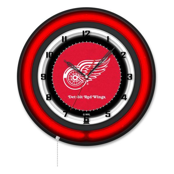Detroit Red Wings 19" Neon Logo Wall Clock - Black Casing - Team Color Specific Neon Outer Ring 