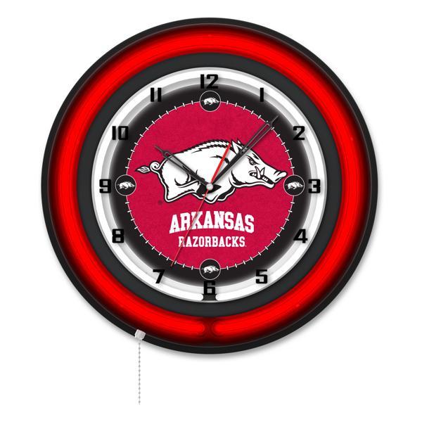 University of Arkansas 19" Neon Logo Wall Clock - Black Casing - Team Color Specific Neon Outer Ring 