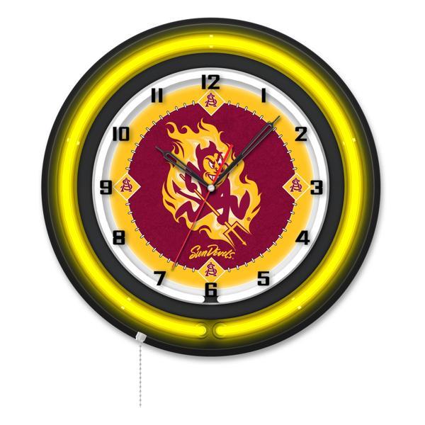 Arizona State University Sparky 19" Neon Logo 2 Wall Clock - Black Casing - Team Color Specific Neon Outer Ring 
