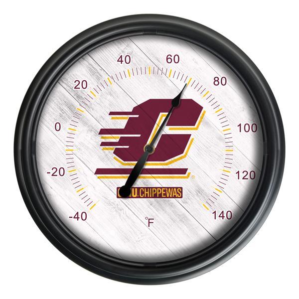 Central Michigan University Indoor and Outdoor LED Thermometer - Black - UV Resistant ABS Plastic - 14" Diameter 