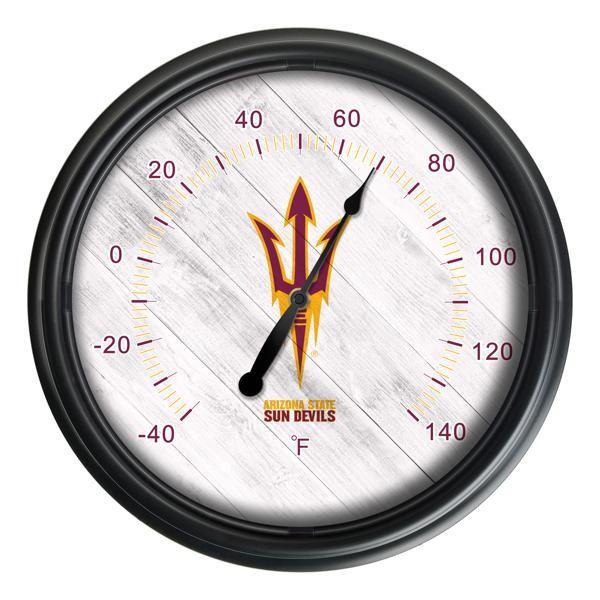 Arizona State University Pitchfork Indoor and Outdoor LED Thermometer - Black - UV Resistant ABS Plastic - 14" Diameter - Logo 3 