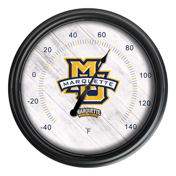 Marquette University Indoor and Outdoor LED Thermometer - Black - UV Resistant ABS Plastic - 14" Diameter 