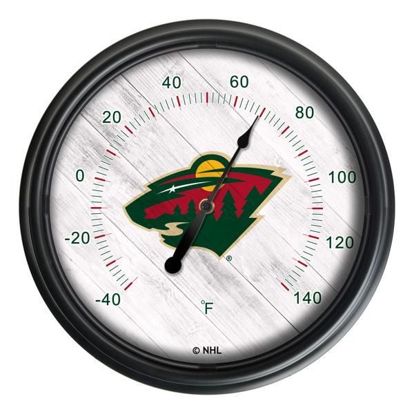 Minnesota Wild Indoor and Outdoor LED Thermometer - Black - UV Resistant ABS Plastic - 14" Diameter 