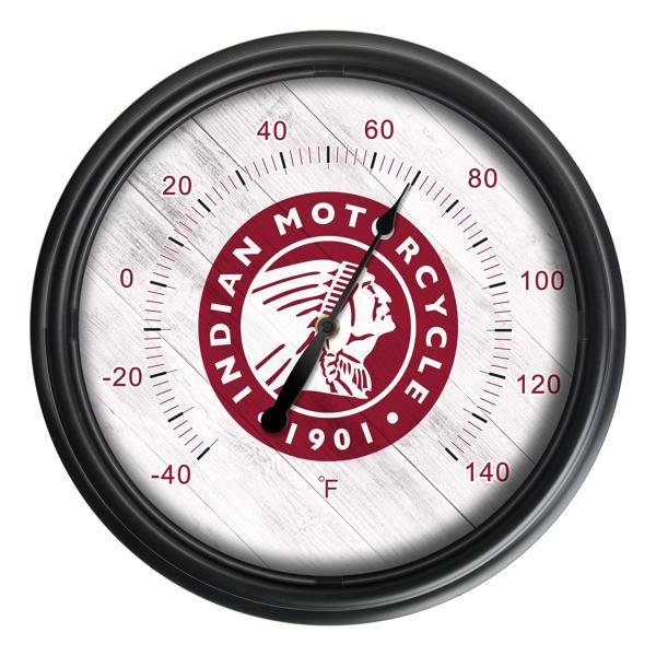 Indian Motorcycle Head Indoor and Outdoor LED Thermometer - Black - UV Resistant ABS Plastic - 14" Diameter - Logo 2 