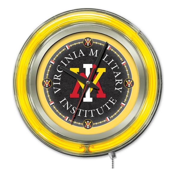 Virginia Military Institute 15" Neon Logo Clock - Chrome Casing - Team Color Specific Neon Outer Ring 