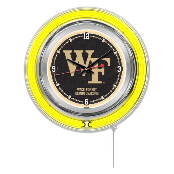 Wake Forest University 15" Neon Logo Clock - Chrome Casing - Team Color Specific Neon Outer Ring 
