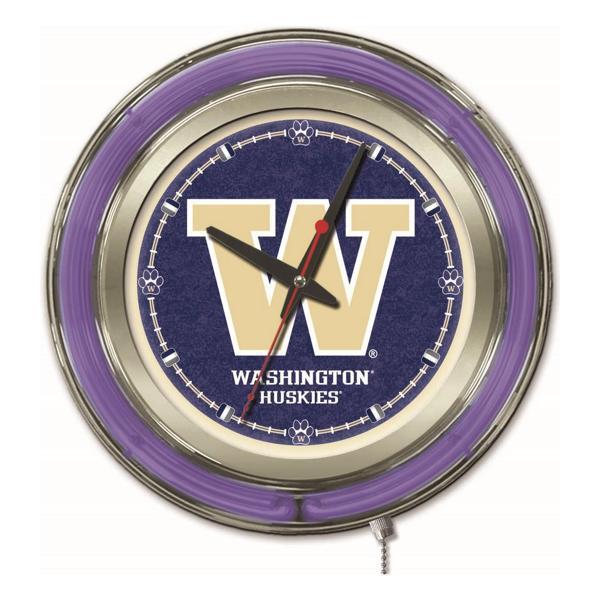 University of Washington 15" Neon Logo Clock - Chrome Casing - Team Color Specific Neon Outer Ring 