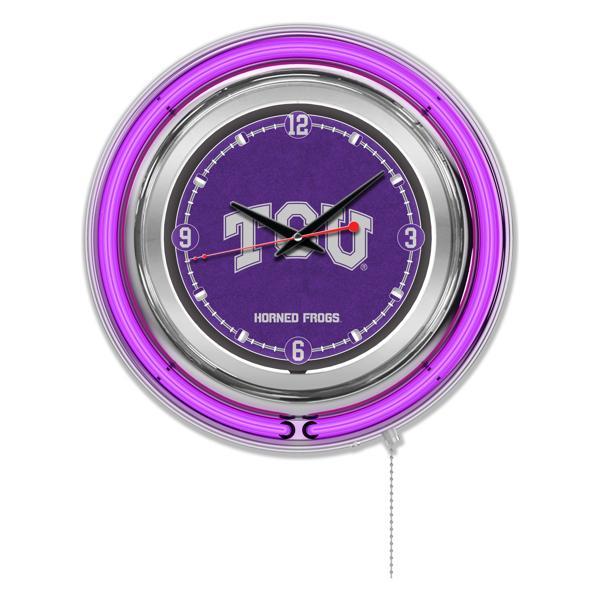 Texas Christian University 15" Neon Logo Clock - Chrome Casing - Team Color Specific Neon Outer Ring 