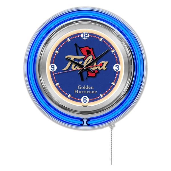 University of Tulsa 15" Neon Logo Clock - Chrome Casing - Team Color Specific Neon Outer Ring 
