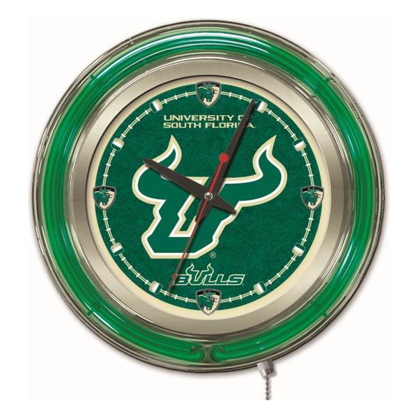 University of South Florida 15" Neon Logo Clock - Chrome Casing - Team Color Specific Neon Outer Ring 