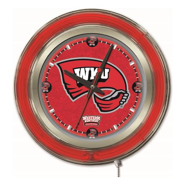 Western Kentucky University 15" Neon Logo Clock - Chrome Casing - Team Color Specific Neon Outer Ring 