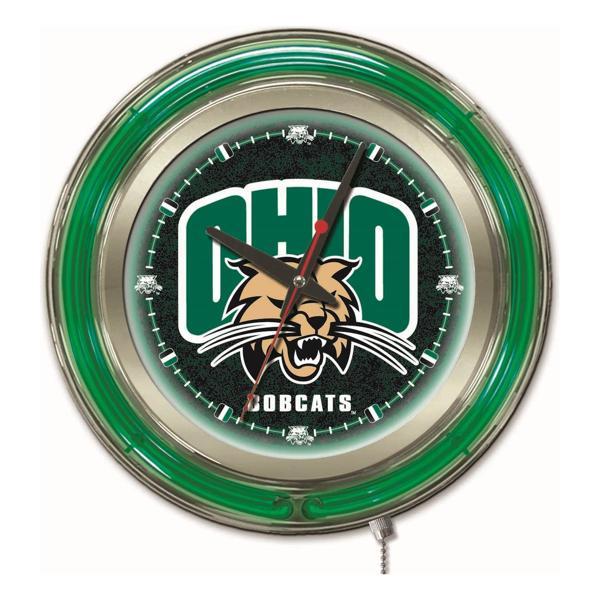 Ohio University 15" Neon Logo Clock - Chrome Casing - Team Color Specific Neon Outer Ring 