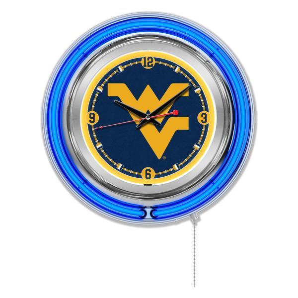 West Virginia University 15" Neon Logo Clock - Chrome Casing - Team Color Specific Neon Outer Ring 