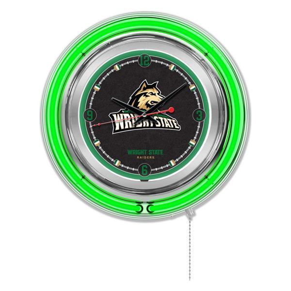 Wright State University 15" Neon Logo Clock - Chrome Casing - Team Color Specific Neon Outer Ring 