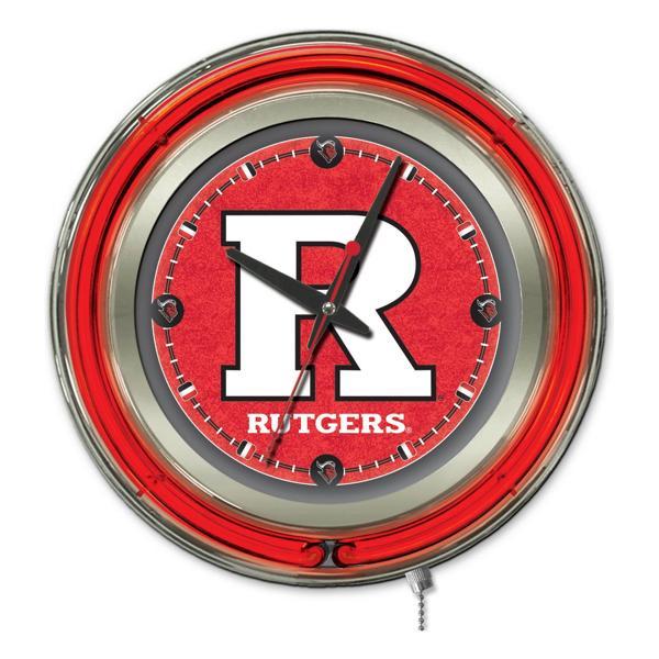 Rutgers 15" Neon Logo Clock - Chrome Casing - Team Color Specific Neon Outer Ring 