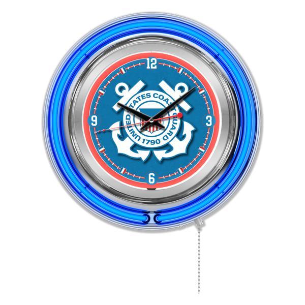 United States Coast Guard 15" Neon Logo Clock - Chrome Casing - Team Color Specific Neon Outer Ring 