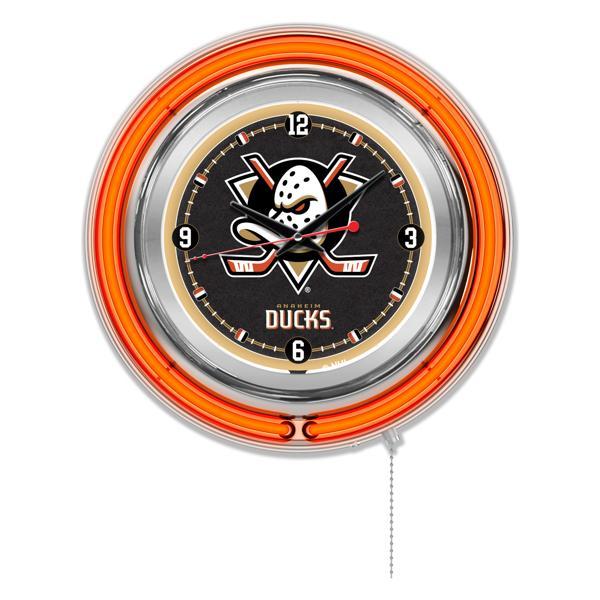 Anaheim Ducks 15" Neon Logo Clock - Chrome Casing - Team Color Specific Neon Outer Ring 