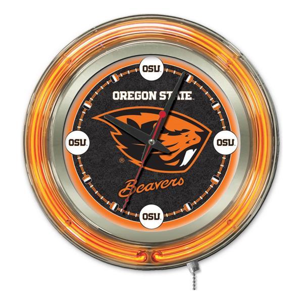 Oregon State University 15" Neon Logo Clock - Chrome Casing - Team Color Specific Neon Outer Ring 