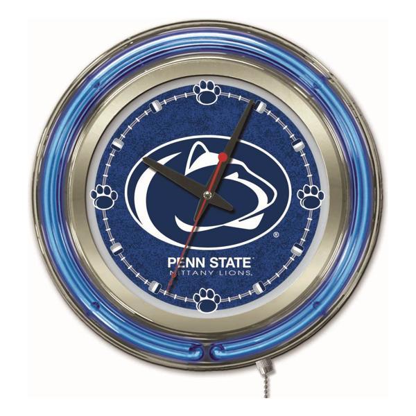 Pennsylvania State University 15" Neon Logo Clock - Chrome Casing - Team Color Specific Neon Outer Ring 
