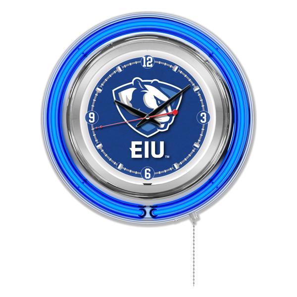 Eastern Illinois University 15" Neon Logo Clock - Chrome Casing - Team Color Specific Neon Outer Ring 