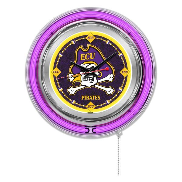 East Carolina University 15" Neon Logo Clock - Chrome Casing - Team Color Specific Neon Outer Ring 