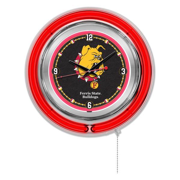 Ferris State University 15" Neon Logo Clock - Chrome Casing - Team Color Specific Neon Outer Ring 