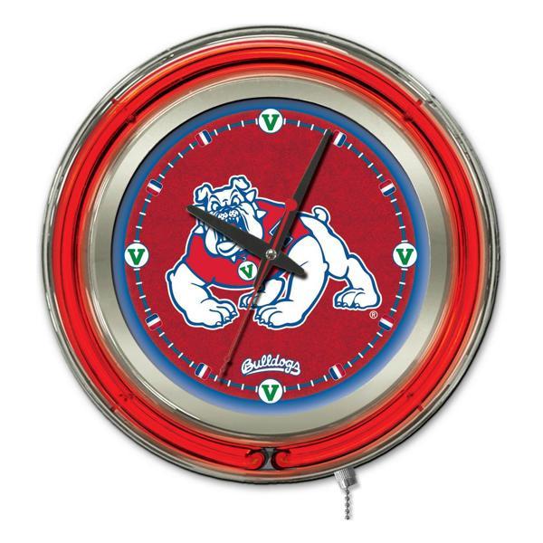 Fresno State University 15" Neon Logo Clock - Chrome Casing - Team Color Specific Neon Outer Ring 