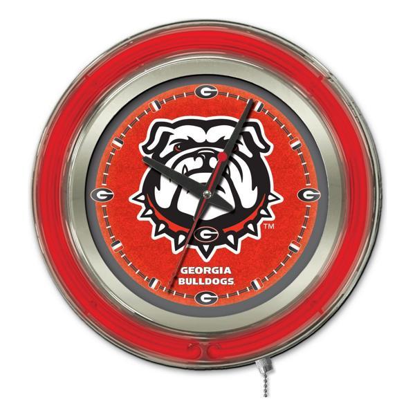 University of Georgia Bulldog 15" Neon Logo 3 Clock - Chrome Casing - Team Color Specific Neon Outer Ring 