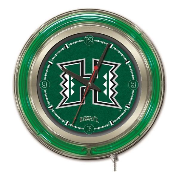 University of Hawaii 15" Neon Logo Clock - Chrome Casing - Team Color Specific Neon Outer Ring 