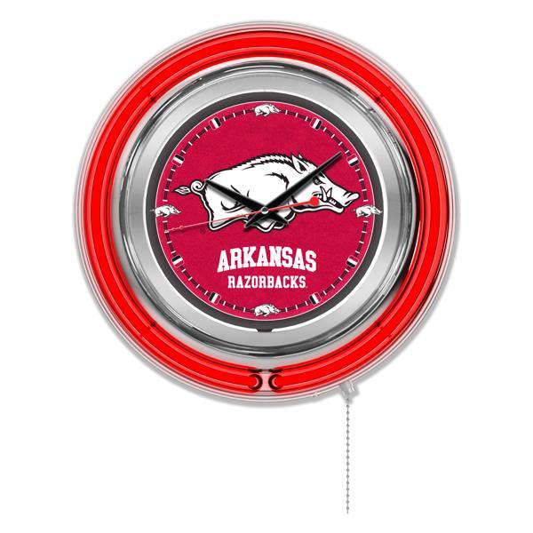 University of Arkansas 15" Neon Logo Clock - Chrome Casing - Team Color Specific Neon Outer Ring 