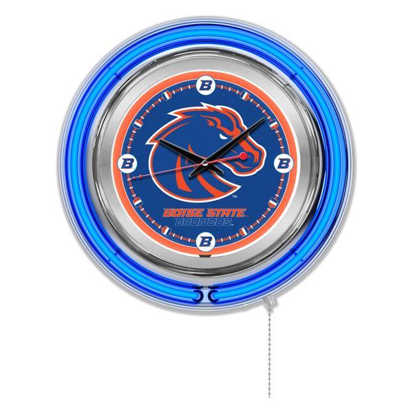 Boise State University 15" Neon Logo Clock - Chrome Casing - Team Color Specific Neon Outer Ring 