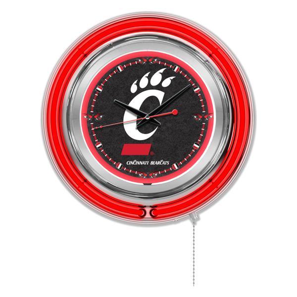 University of Cincinnati 15" Neon Logo Clock - Chrome Casing - Team Color Specific Neon Outer Ring 