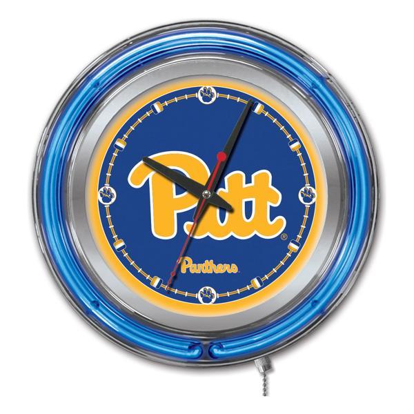 University of Pittsburgh 15" Neon Logo Clock - Chrome Casing - Team Color Specific Neon Outer Ring 