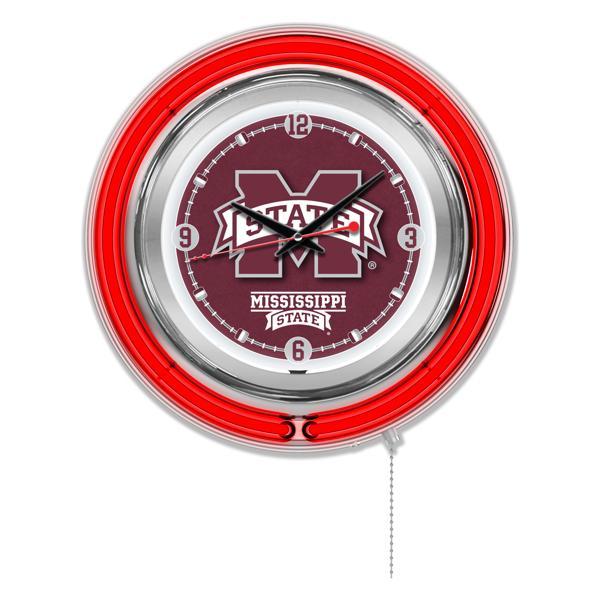 Mississippi State University 15" Neon Logo Clock - Chrome Casing - Team Color Specific Neon Outer Ring 