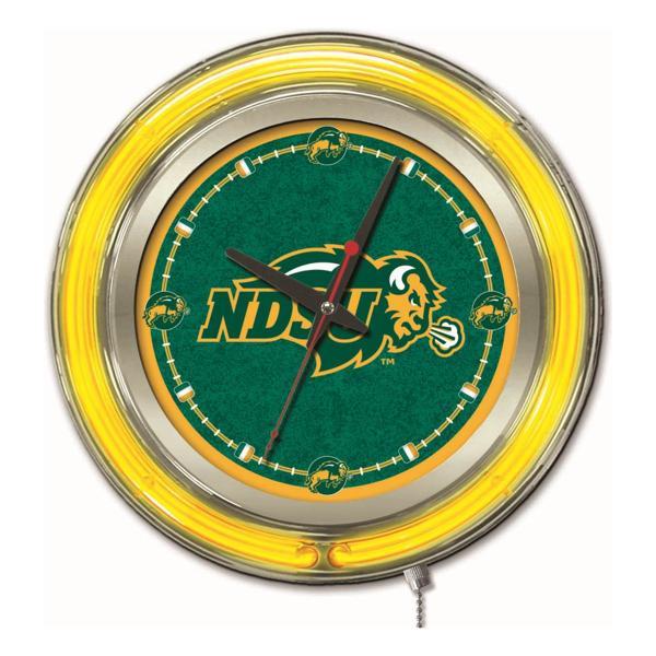 North Dakota State University 15" Neon Logo 3 Clock - Chrome Casing - Team Color Specific Neon Outer Ring 
