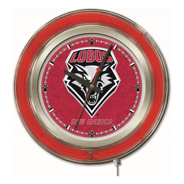 University of New Mexico 15" Neon Logo Clock - Chrome Casing - Team Color Specific Neon Outer Ring 