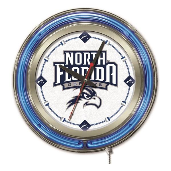 University of North Florida 15" Neon Logo Clock - Chrome Casing - Team Color Specific Neon Outer Ring 
