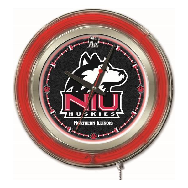 University of Northern Illinois 15" Neon Logo Clock - Chrome Casing - Team Color Specific Neon Outer Ring 