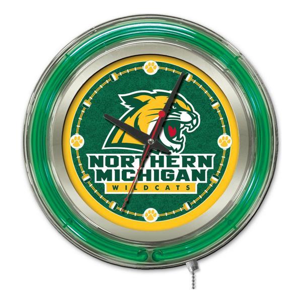 Northern Michigan University 15" Neon Logo Clock - Chrome Casing - Team Color Specific Neon Outer Ring 